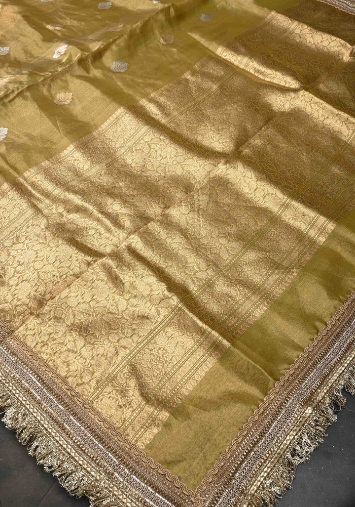 Gold Banarasi Pure Tissue Silk Saree with Sona Rupa Zari Buttas and Fancy Lace Border | SILK MARK CERTIFIED