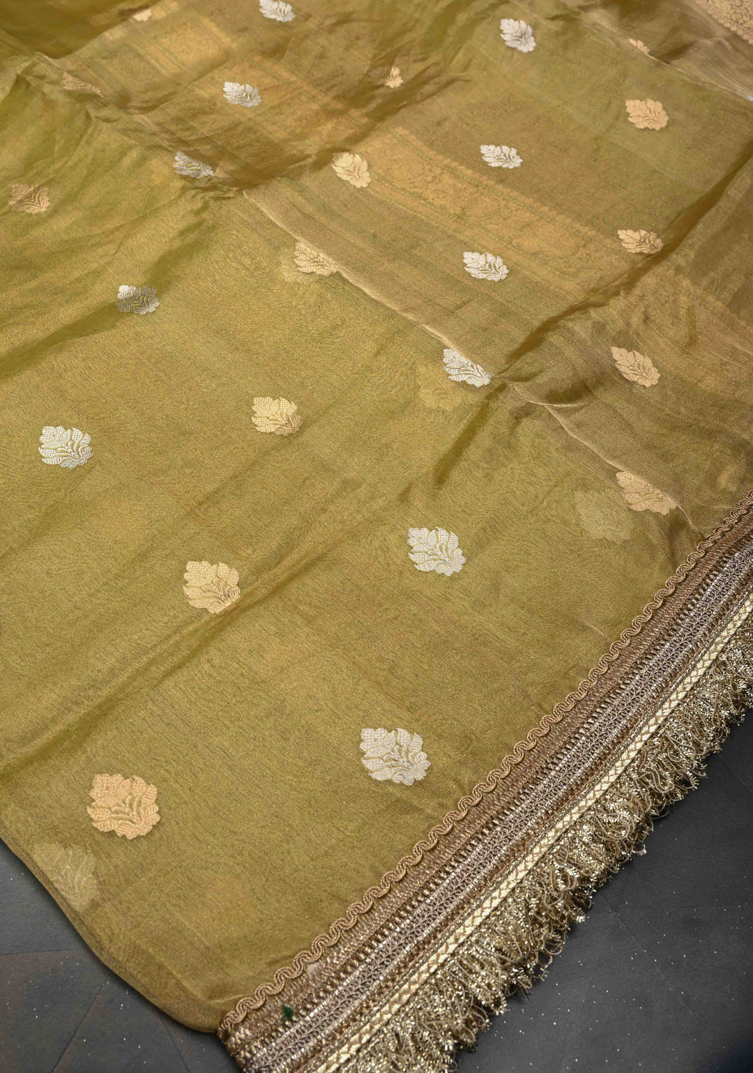 Gold Banarasi Pure Tissue Silk Saree with Sona Rupa Zari Buttas and Fancy Lace Border | SILK MARK CERTIFIED