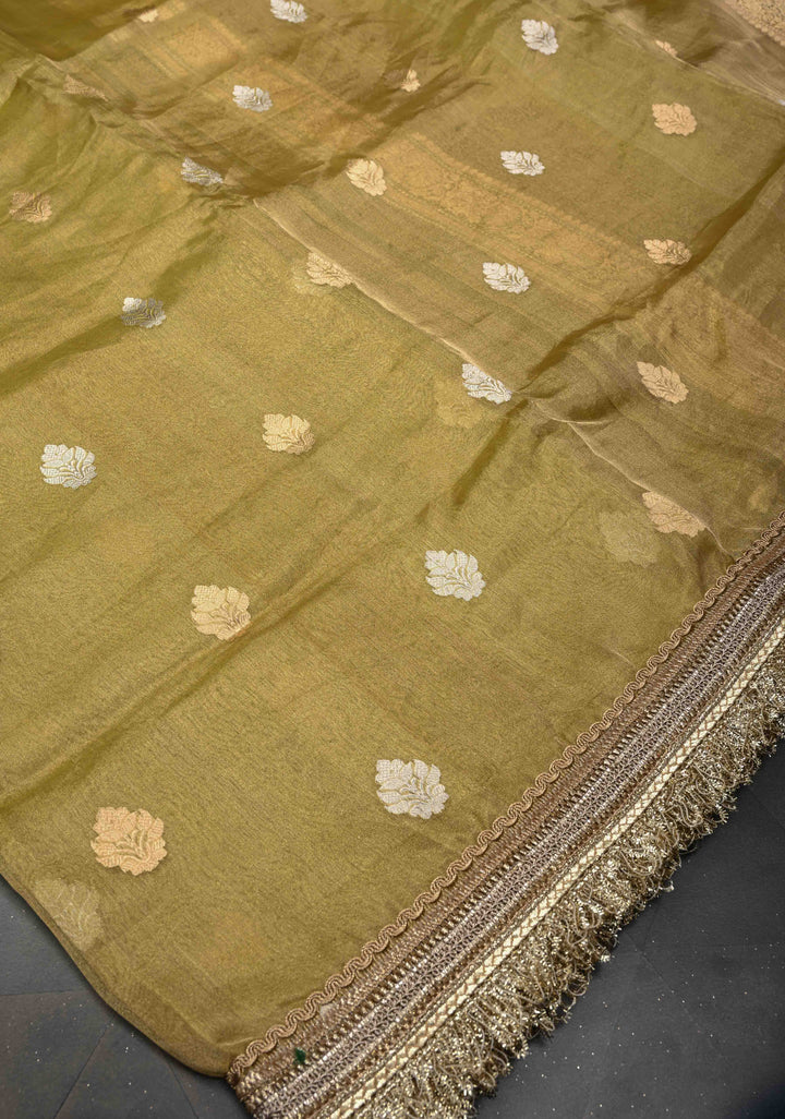 Gold Banarasi Pure Tissue Silk Saree with Sona Rupa Zari Buttas and Fancy Lace Border | SILK MARK CERTIFIED