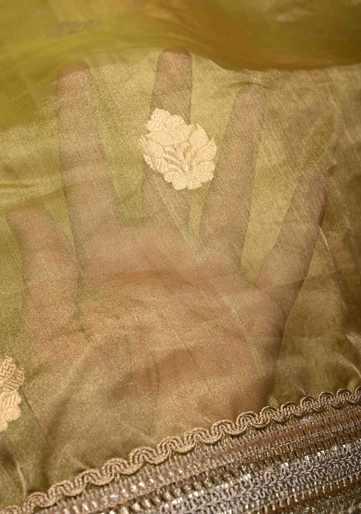 Gold Banarasi Pure Tissue Silk Saree with Sona Rupa Zari Buttas and Fancy Lace Border | SILK MARK CERTIFIED