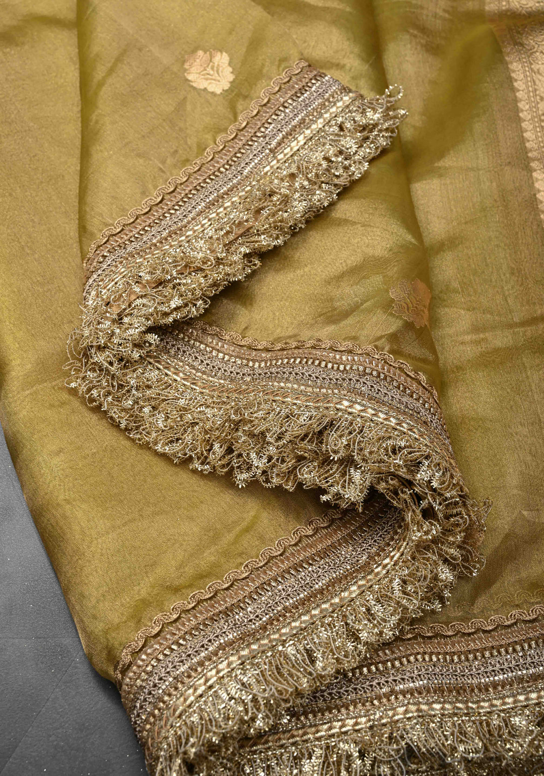 Gold Banarasi Pure Tissue Silk Saree with Sona Rupa Zari Buttas and Fancy Lace Border | SILK MARK CERTIFIED