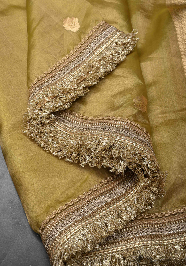Gold Banarasi Pure Tissue Silk Saree with Sona Rupa Zari Buttas and Fancy Lace Border | SILK MARK CERTIFIED