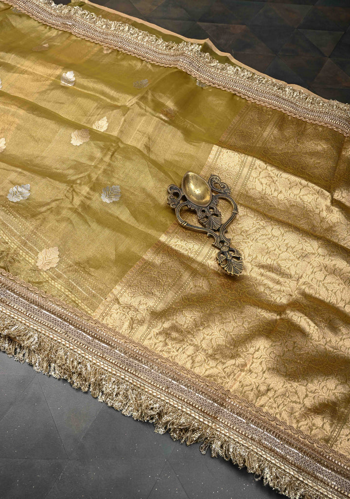 Gold Banarasi Pure Tissue Silk Saree with Sona Rupa Zari Buttas and Fancy Lace Border | SILK MARK CERTIFIED