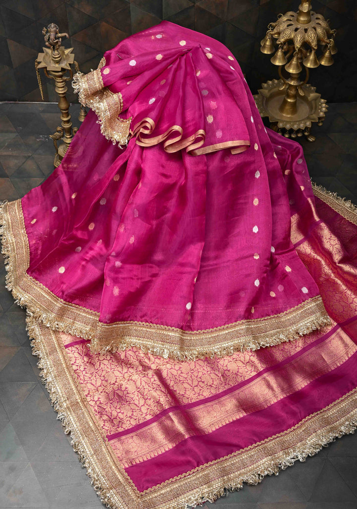 Raspberry Banarasi Pure Tissue Silk Saree with Sona Rupa Zari Buttas and Fancy Lace Trim Border | SILK MARK CERTIFIED