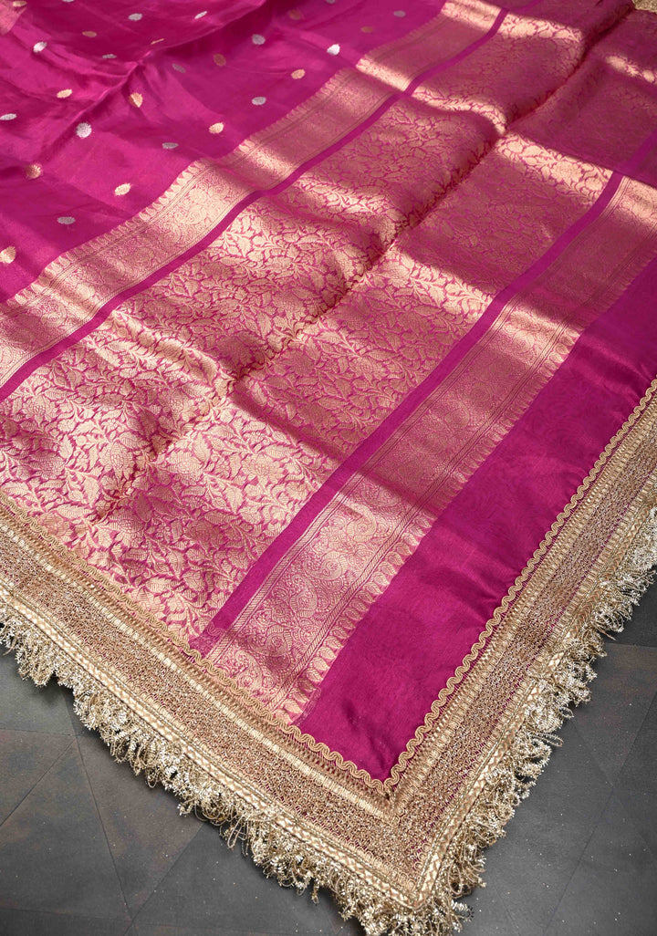 Raspberry Banarasi Pure Tissue Silk Saree with Sona Rupa Zari Buttas and Fancy Lace Trim Border | SILK MARK CERTIFIED