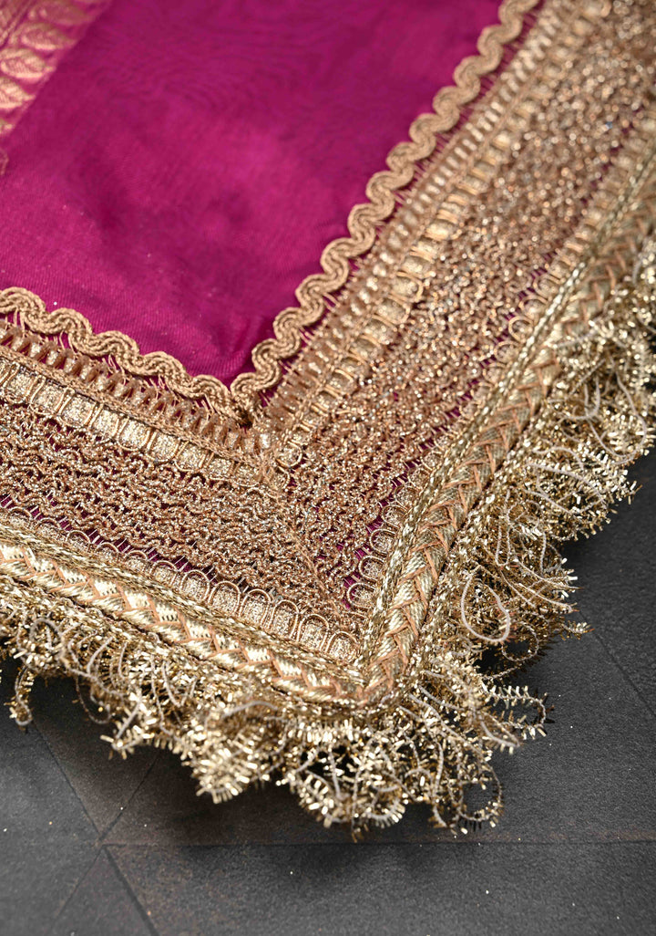 Raspberry Banarasi Pure Tissue Silk Saree with Sona Rupa Zari Buttas and Fancy Lace Trim Border | SILK MARK CERTIFIED