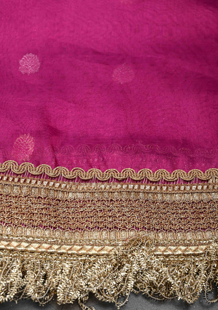 Raspberry Banarasi Pure Tissue Silk Saree with Sona Rupa Zari Buttas and Fancy Lace Trim Border | SILK MARK CERTIFIED