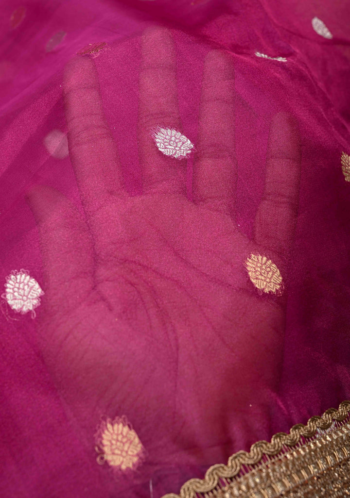 Raspberry Banarasi Pure Tissue Silk Saree with Sona Rupa Zari Buttas and Fancy Lace Trim Border | SILK MARK CERTIFIED