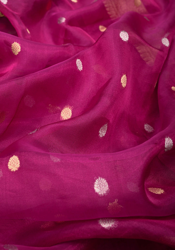 Raspberry Banarasi Pure Tissue Silk Saree with Sona Rupa Zari Buttas and Fancy Lace Trim Border | SILK MARK CERTIFIED