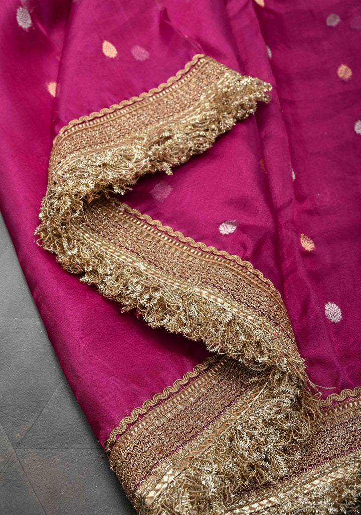 Raspberry Banarasi Pure Tissue Silk Saree with Sona Rupa Zari Buttas and Fancy Lace Trim Border | SILK MARK CERTIFIED