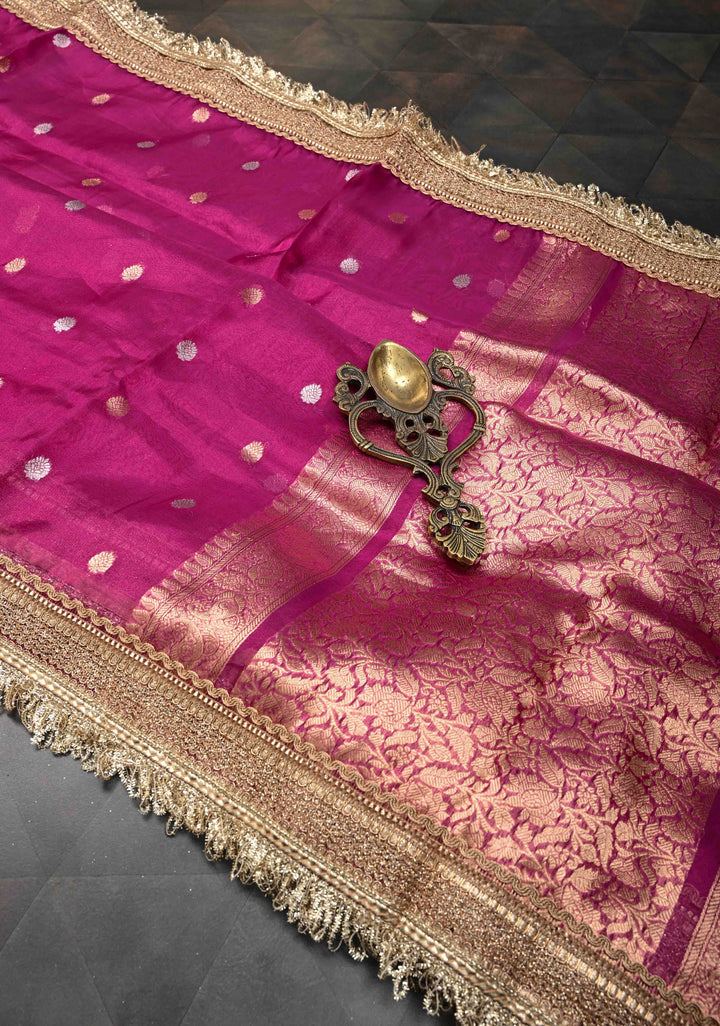 Raspberry Banarasi Pure Tissue Silk Saree with Sona Rupa Zari Buttas and Fancy Lace Trim Border | SILK MARK CERTIFIED