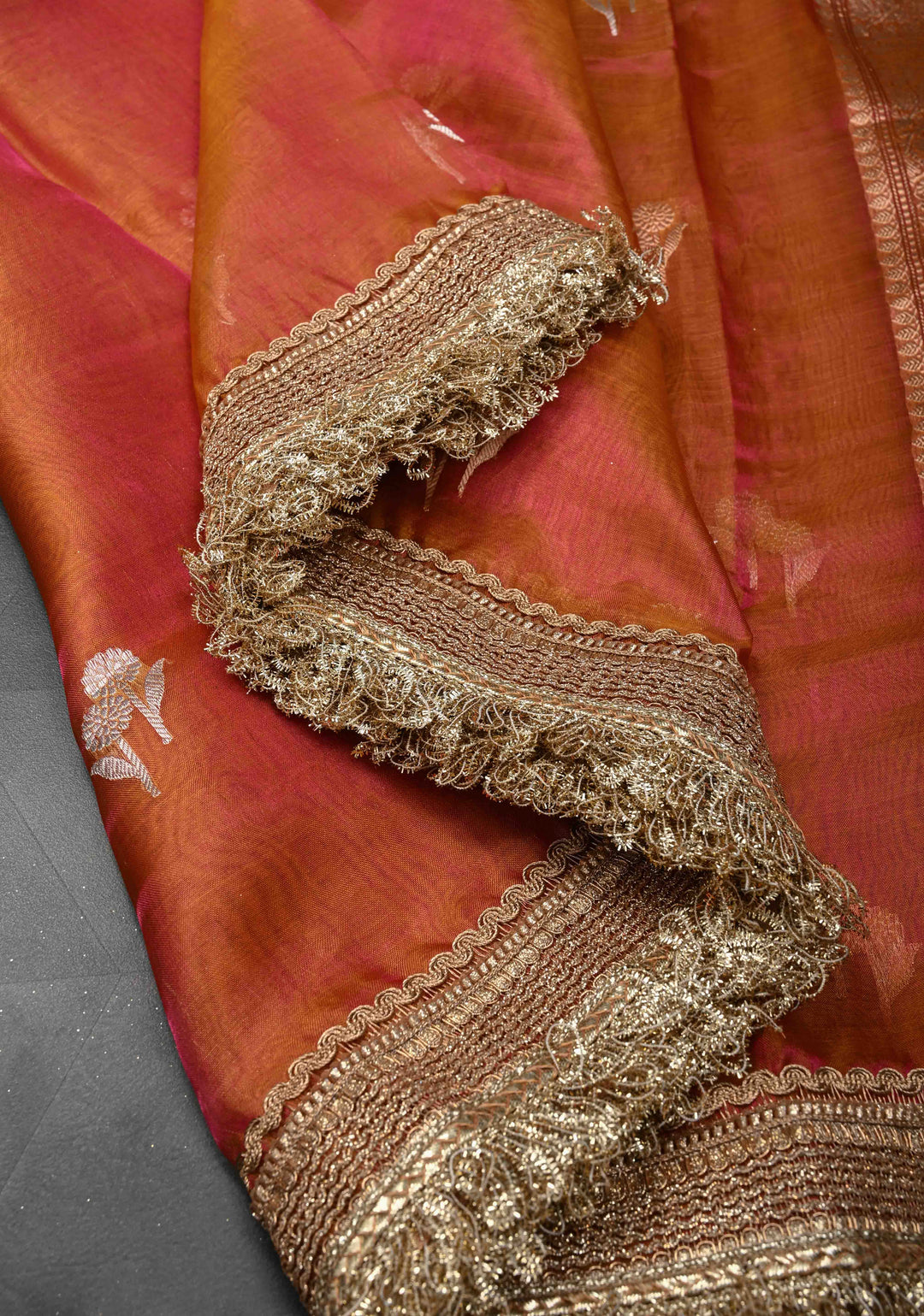 Mustard Dual tone Banarasi Pure Tissue Silk Saree with Sona Rupa Zari Buttas and Fancy Lace Trim Border | SILK MARK CERTIFIED