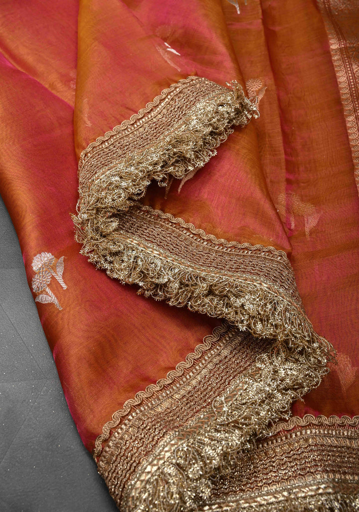Mustard Dual tone Banarasi Pure Tissue Silk Saree with Sona Rupa Zari Buttas and Fancy Lace Trim Border | SILK MARK CERTIFIED