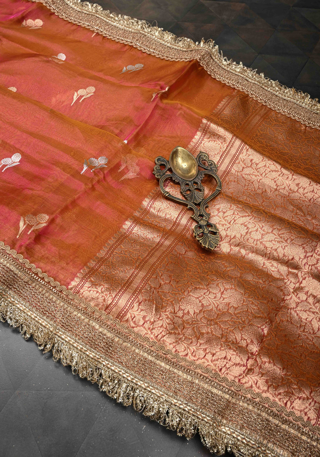 Mustard Dual tone Banarasi Pure Tissue Silk Saree with Sona Rupa Zari Buttas and Fancy Lace Trim Border | SILK MARK CERTIFIED