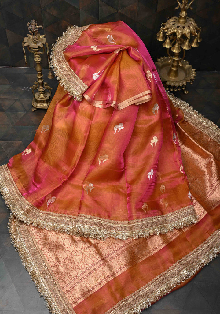 Mustard Dual tone Banarasi Pure Tissue Silk Saree with Sona Rupa Zari Buttas and Fancy Lace Trim Border | SILK MARK CERTIFIED