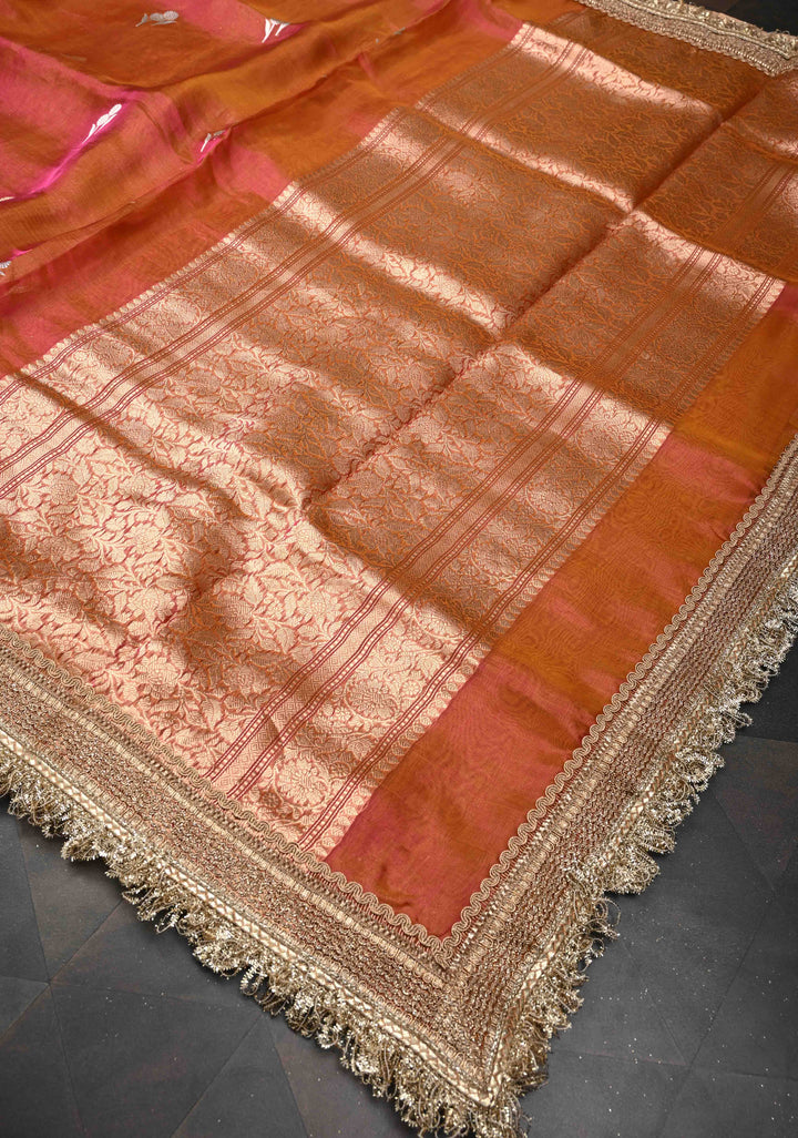 Mustard Dual tone Banarasi Pure Tissue Silk Saree with Sona Rupa Zari Buttas and Fancy Lace Trim Border | SILK MARK CERTIFIED