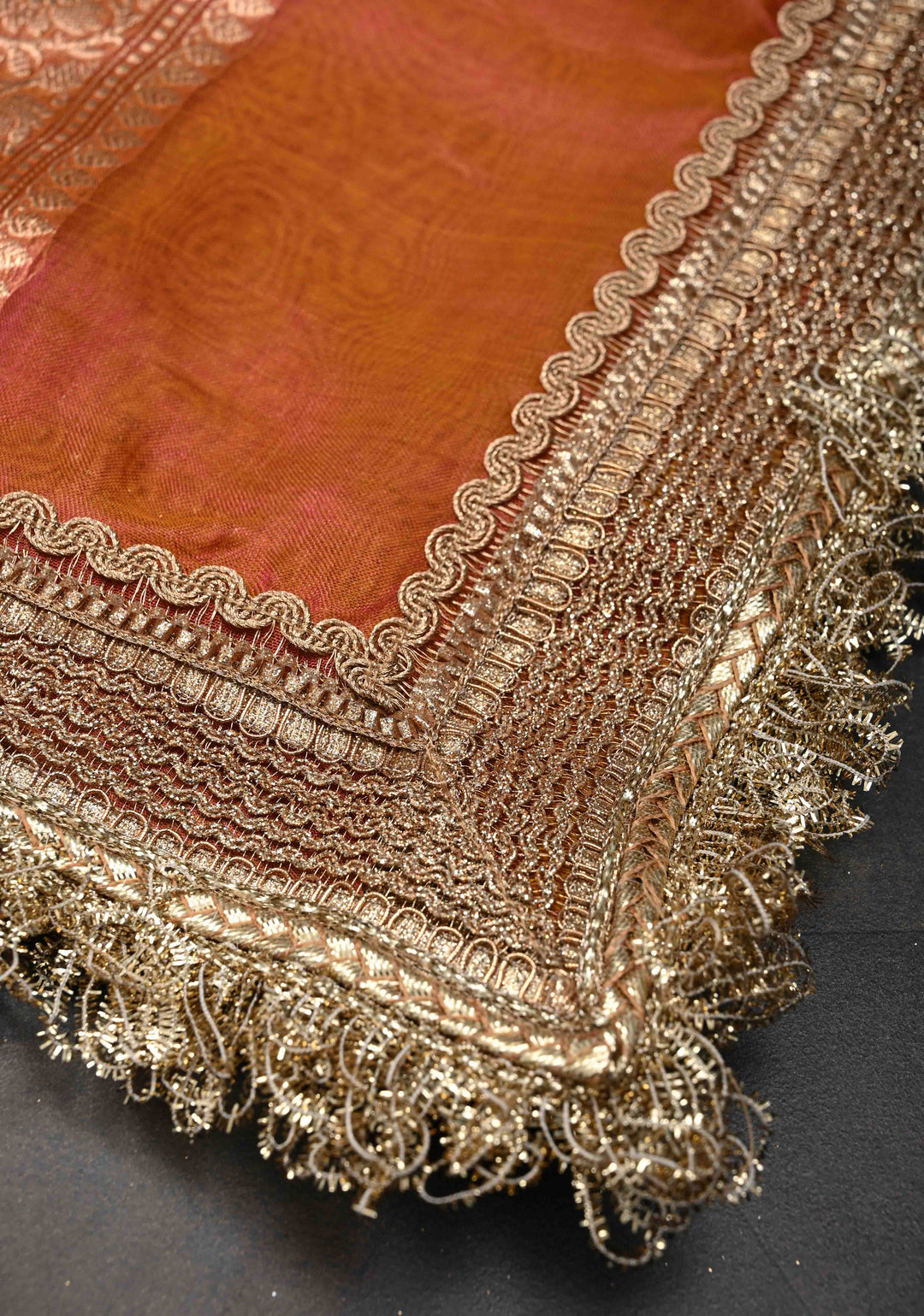 Mustard Dual tone Banarasi Pure Tissue Silk Saree with Sona Rupa Zari Buttas and Fancy Lace Trim Border | SILK MARK CERTIFIED