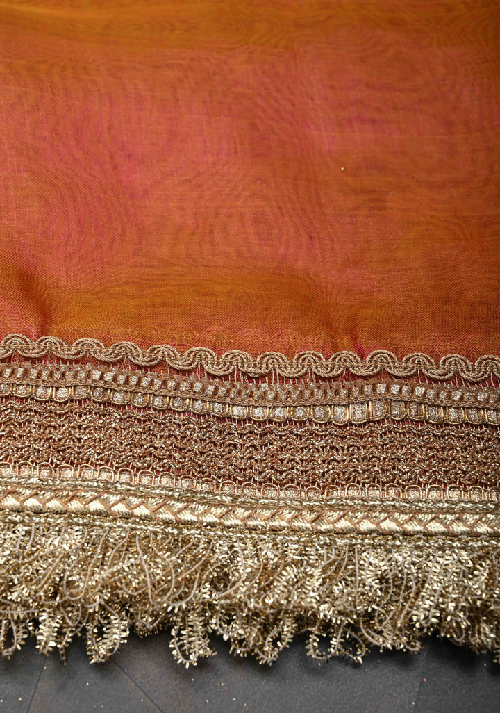 Mustard Dual tone Banarasi Pure Tissue Silk Saree with Sona Rupa Zari Buttas and Fancy Lace Trim Border | SILK MARK CERTIFIED