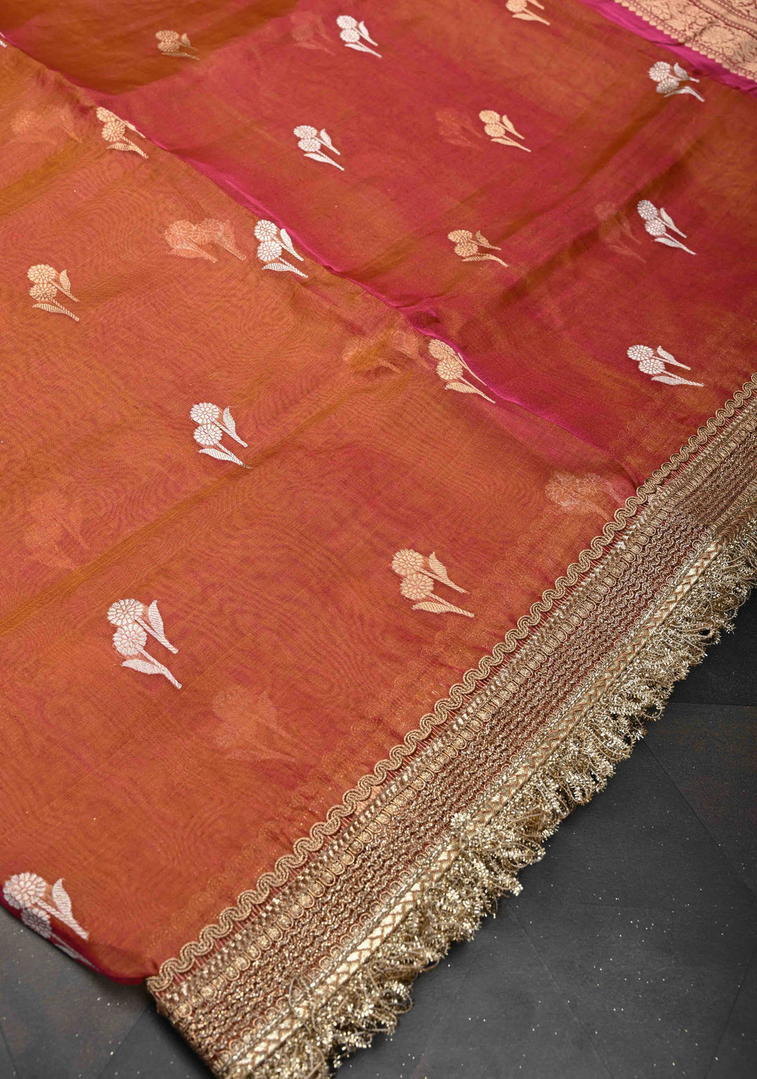 Mustard Dual tone Banarasi Pure Tissue Silk Saree with Sona Rupa Zari Buttas and Fancy Lace Trim Border | SILK MARK CERTIFIED