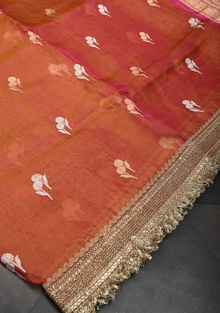 Mustard Dual tone Banarasi Pure Tissue Silk Saree with Sona Rupa Zari Buttas and Fancy Lace Trim Border | SILK MARK CERTIFIED