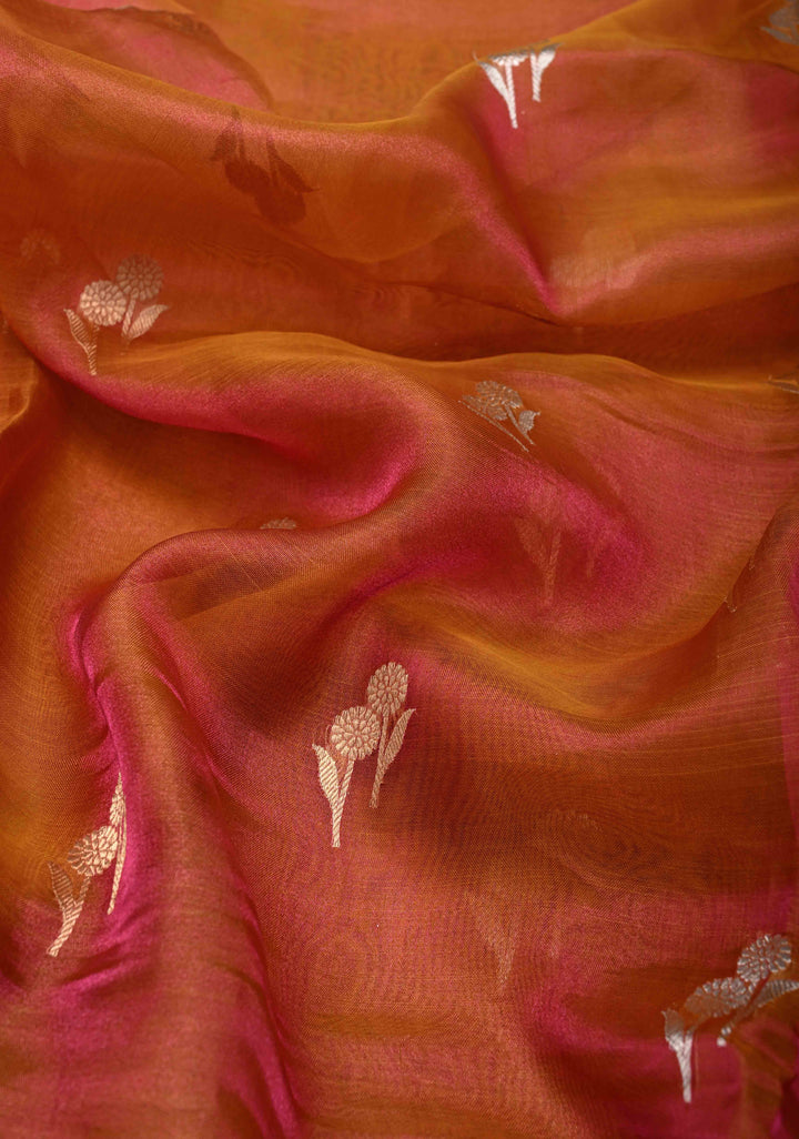 Mustard Dual tone Banarasi Pure Tissue Silk Saree with Sona Rupa Zari Buttas and Fancy Lace Trim Border | SILK MARK CERTIFIED