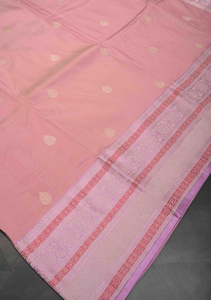 Ruddy Pink Pure Banarasi Katan Silk Saree with Zari Buttis and Contrast Meenakari Zari Border | SILK MARK CERTIFIED