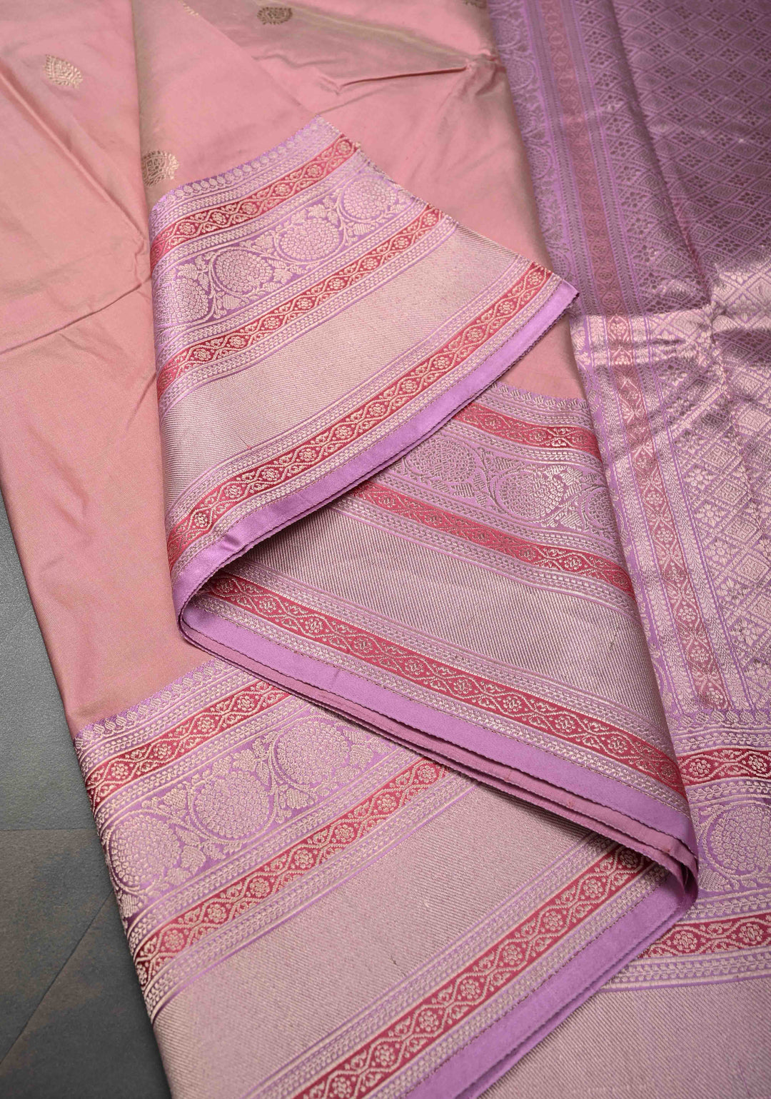 Ruddy Pink Pure Banarasi Katan Silk Saree with Zari Buttis and Contrast Meenakari Zari Border | SILK MARK CERTIFIED