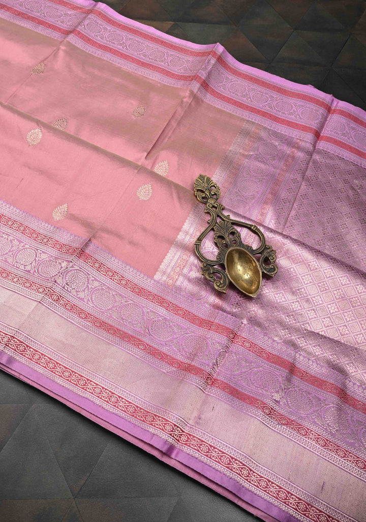 Ruddy Pink Pure Banarasi Katan Silk Saree with Zari Buttis and Contrast Meenakari Zari Border | SILK MARK CERTIFIED