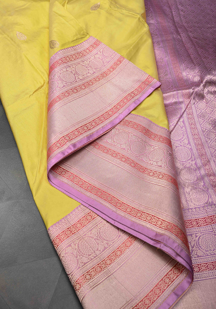 Turmeric Yellow Pure Banarasi Katan Silk Saree with Zari Buttis and Contrast Zari Border | SILK MARK CERTIFIED