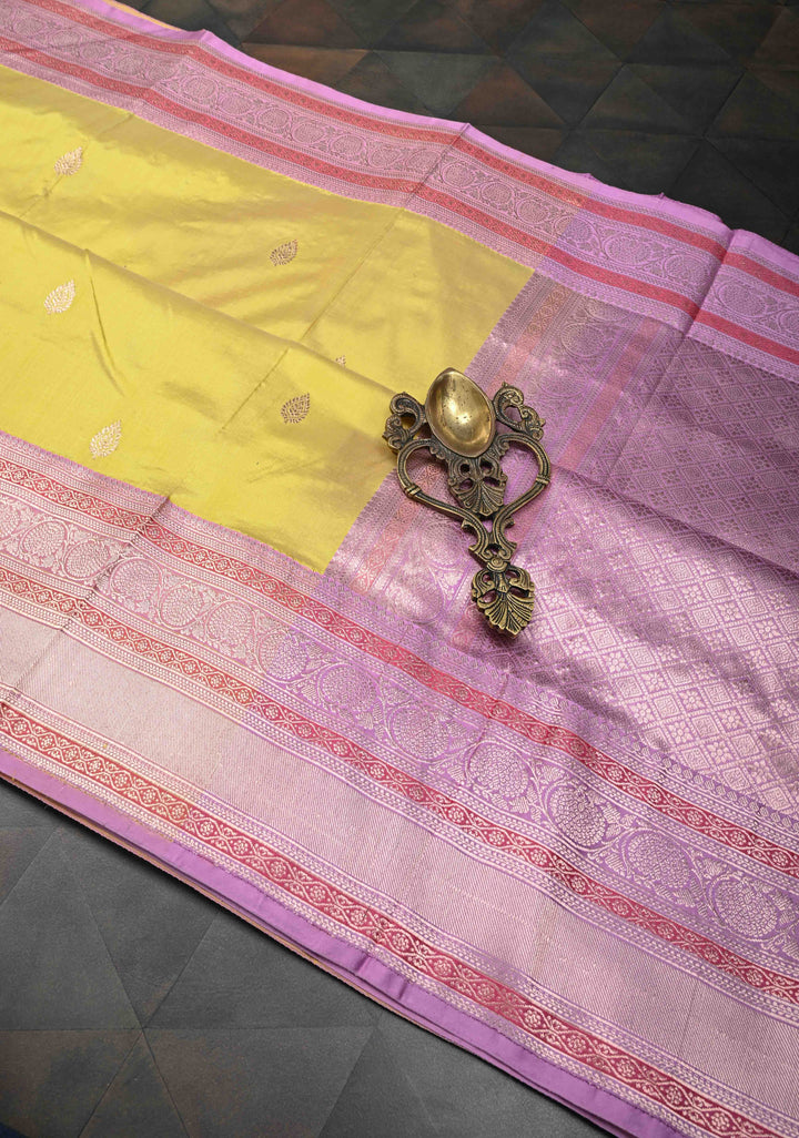 Turmeric Yellow Pure Banarasi Katan Silk Saree with Zari Buttis and Contrast Zari Border | SILK MARK CERTIFIED