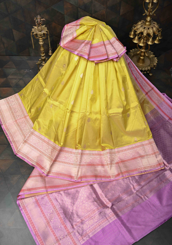Turmeric Yellow Pure Banarasi Katan Silk Saree with Zari Buttis and Contrast Zari Border | SILK MARK CERTIFIED