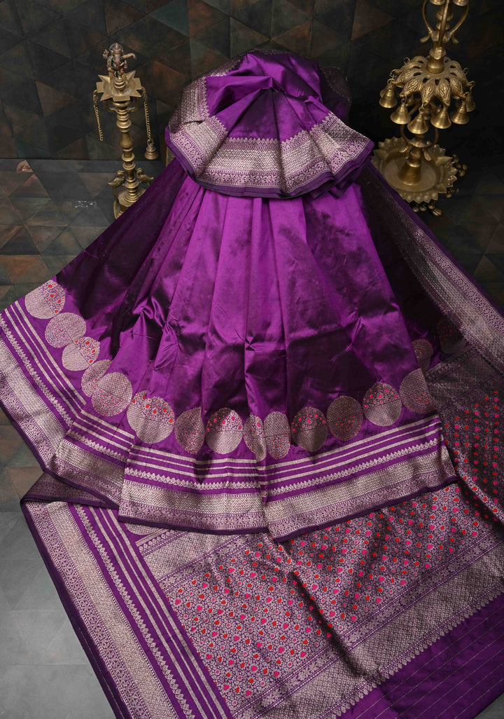 Eminence Banarasi Pure Katan Silk Saree with Big Meenakari Zari Buttas and Zari Skirt Border | SILK MARK CERTIFIED