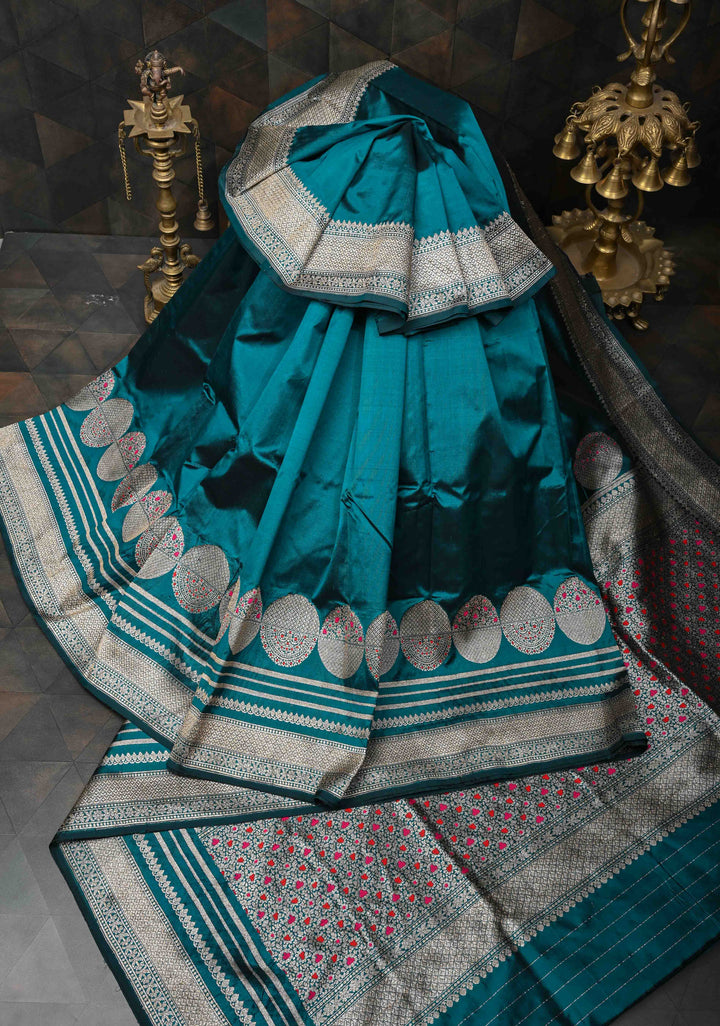 Dark Aqua Banarasi Pure Katan Silk Saree with Big Meenakari Zari Buttas and Zari Skirt Border | SILK MARK CERTIFIED