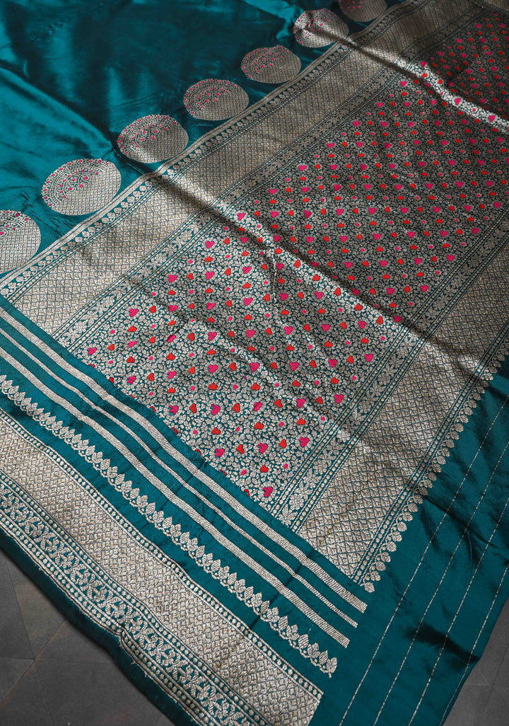 Dark Aqua Banarasi Pure Katan Silk Saree with Big Meenakari Zari Buttas and Zari Skirt Border | SILK MARK CERTIFIED