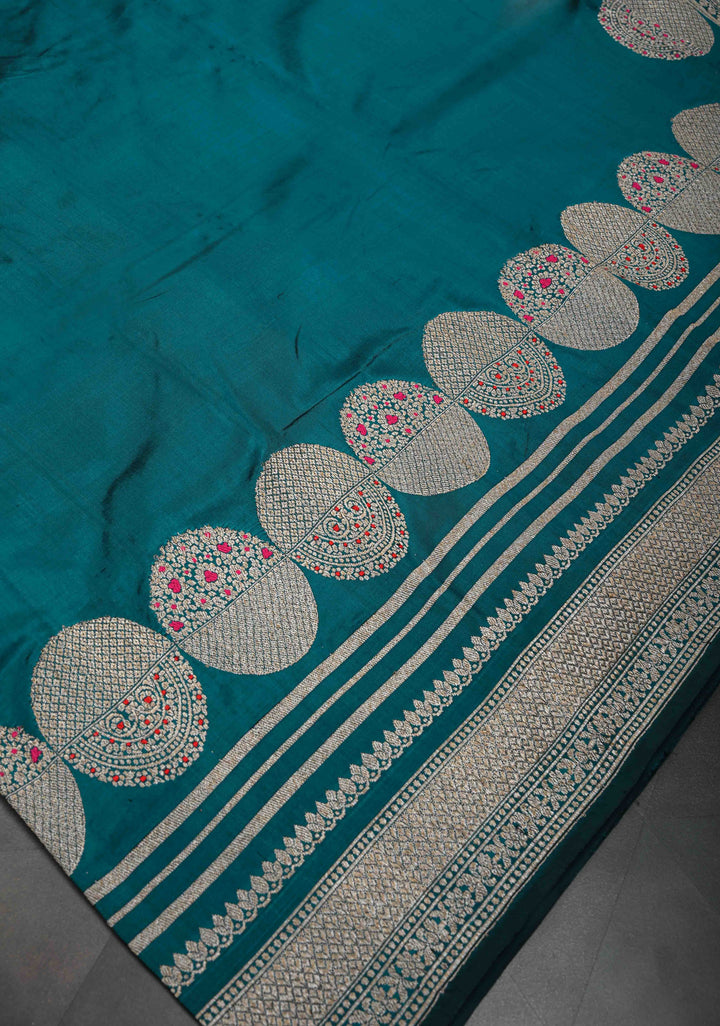 Dark Aqua Banarasi Pure Katan Silk Saree with Big Meenakari Zari Buttas and Zari Skirt Border | SILK MARK CERTIFIED