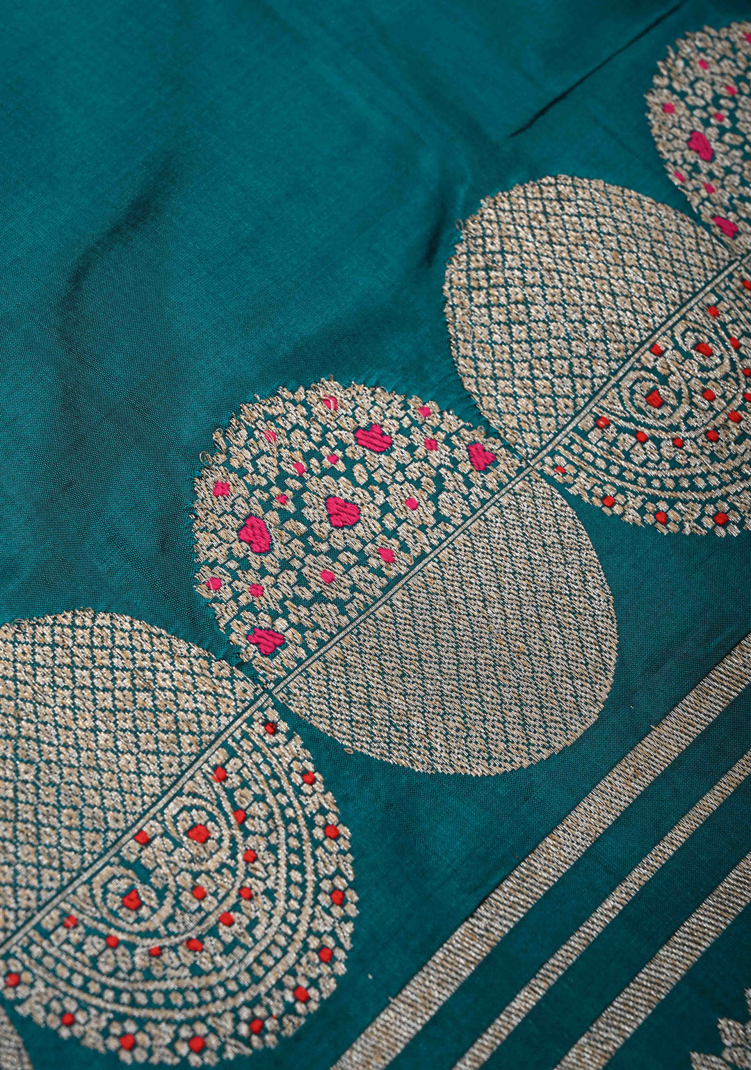 Dark Aqua Banarasi Pure Katan Silk Saree with Big Meenakari Zari Buttas and Zari Skirt Border | SILK MARK CERTIFIED