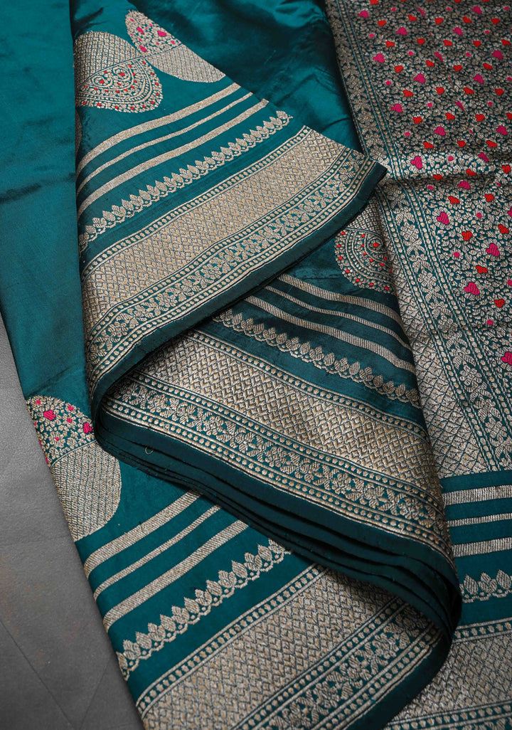 Dark Aqua Banarasi Pure Katan Silk Saree with Big Meenakari Zari Buttas and Zari Skirt Border | SILK MARK CERTIFIED