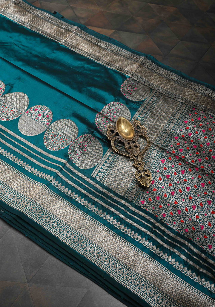 Dark Aqua Banarasi Pure Katan Silk Saree with Big Meenakari Zari Buttas and Zari Skirt Border | SILK MARK CERTIFIED