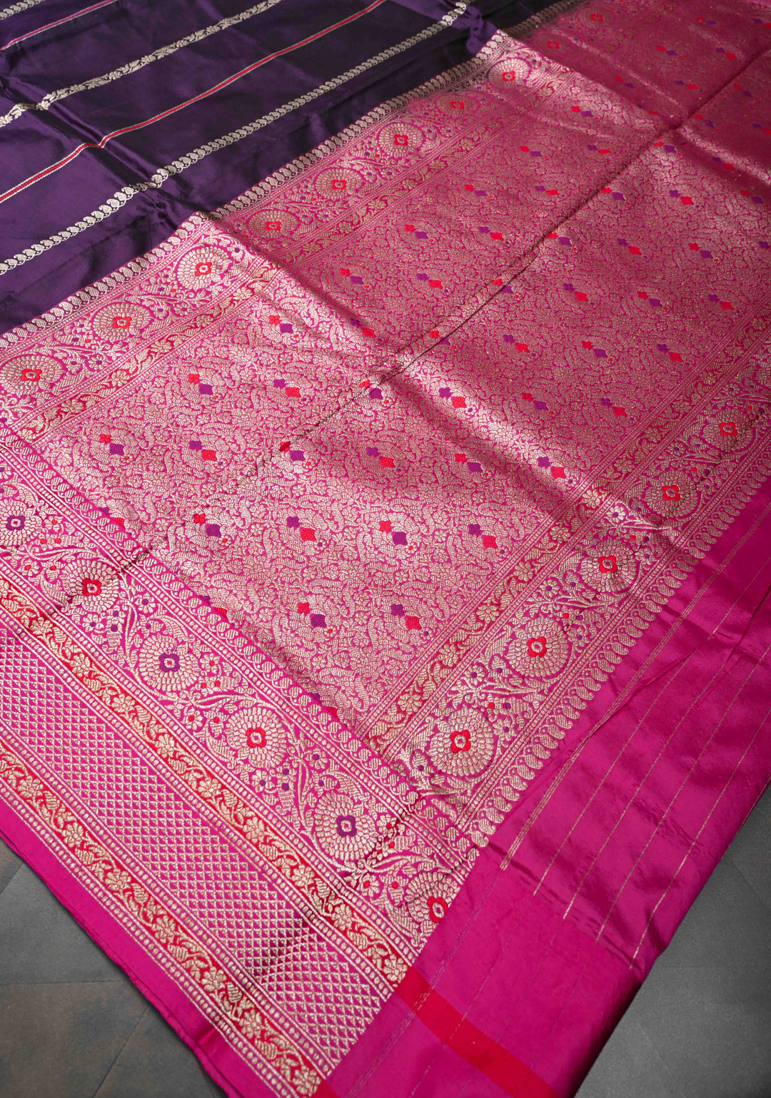 Plum Purple Banarasi Pure Katan Silk Saree with Zari vertical stripes and Meenakari Contrast border, Pallu  | SILK MARK CERTIFIED