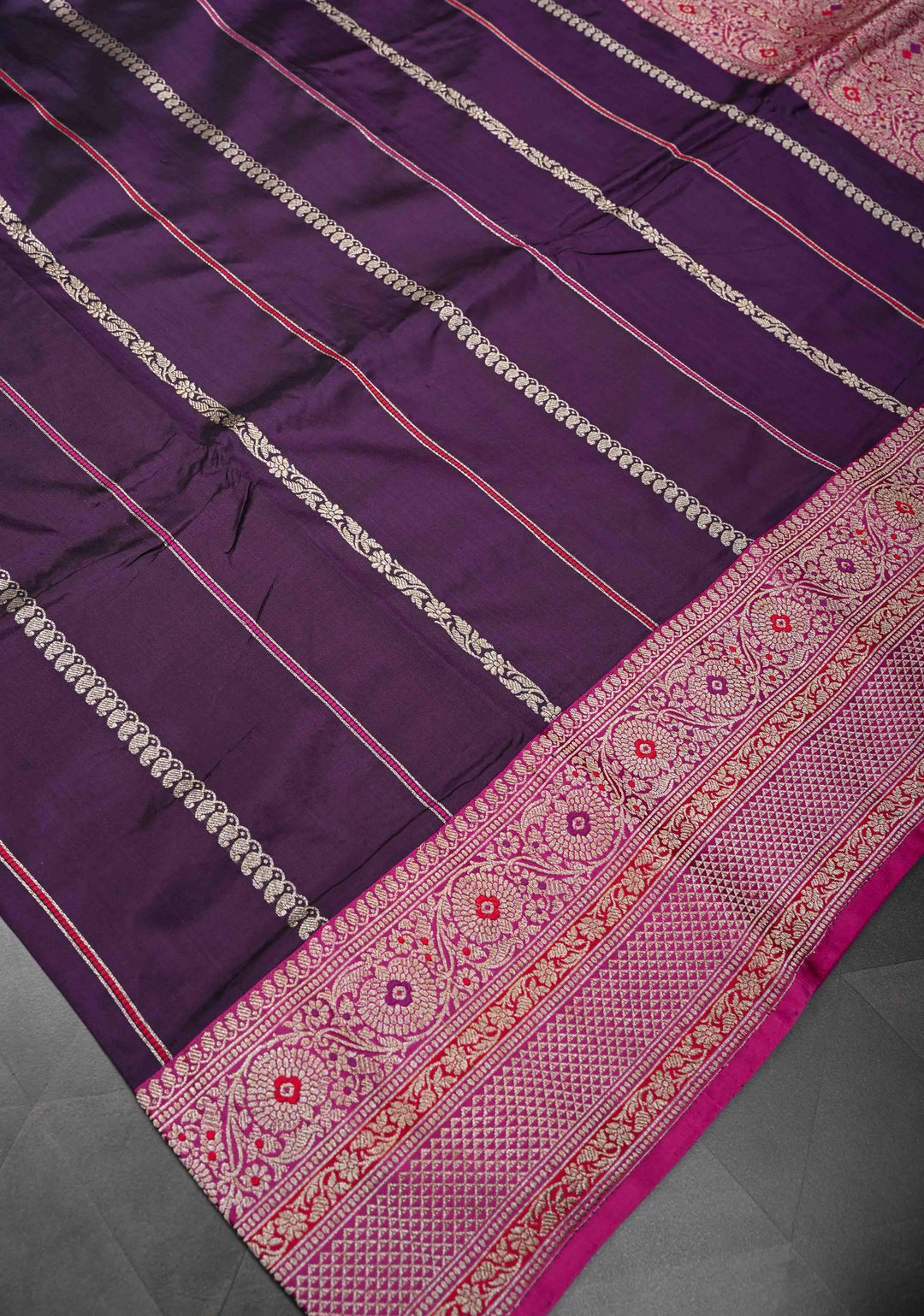 Plum Purple Banarasi Pure Katan Silk Saree with Zari vertical stripes and Meenakari Contrast border, Pallu  | SILK MARK CERTIFIED