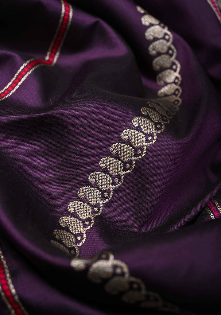 Plum Purple Banarasi Pure Katan Silk Saree with Zari vertical stripes and Meenakari Contrast border, Pallu  | SILK MARK CERTIFIED