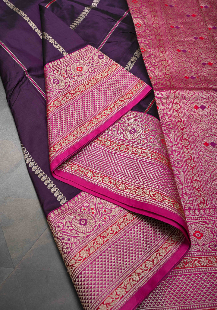 Plum Purple Banarasi Pure Katan Silk Saree with Zari vertical stripes and Meenakari Contrast border, Pallu  | SILK MARK CERTIFIED