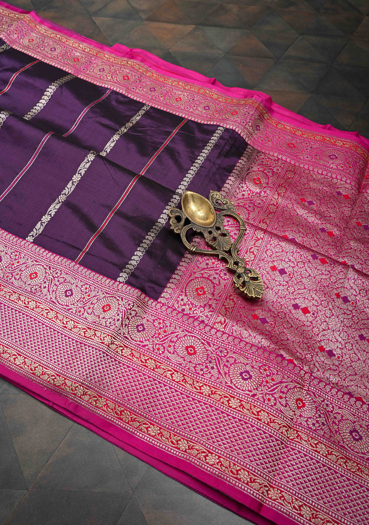 Plum Purple Banarasi Pure Katan Silk Saree with Zari vertical stripes and Meenakari Contrast border, Pallu  | SILK MARK CERTIFIED