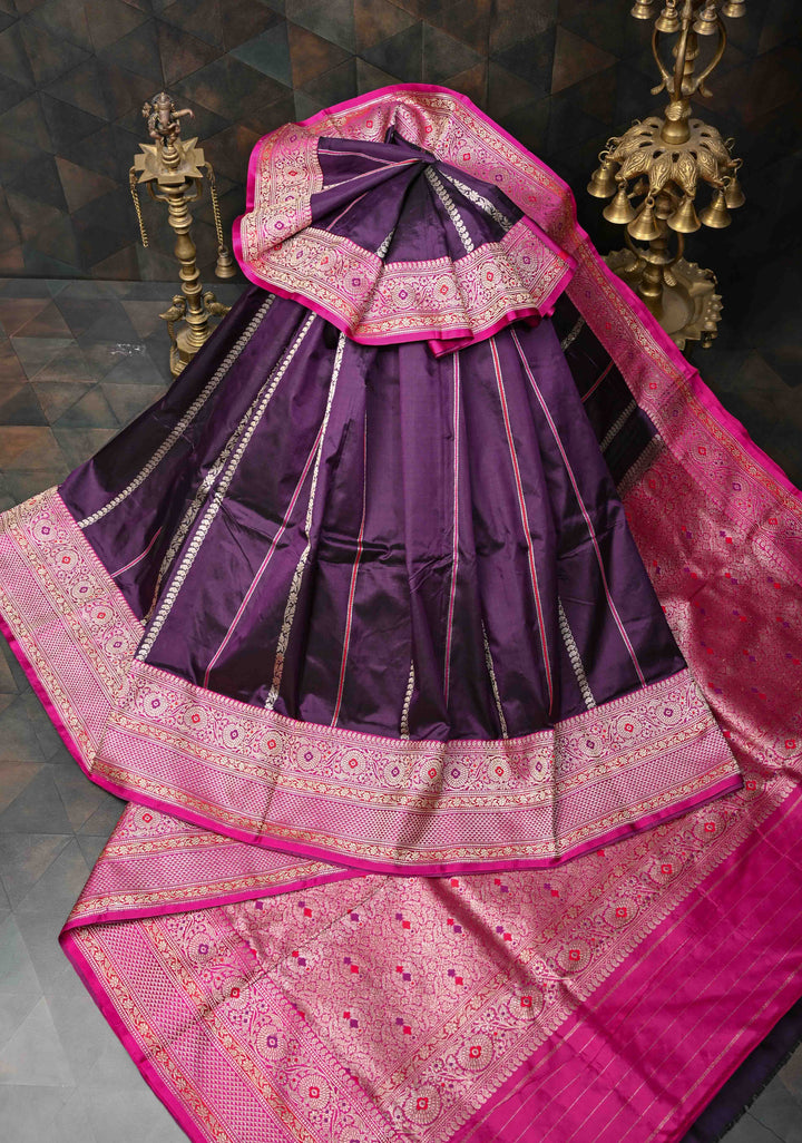 Plum Purple Banarasi Pure Katan Silk Saree with Zari vertical stripes and Meenakari Contrast border, Pallu  | SILK MARK CERTIFIED