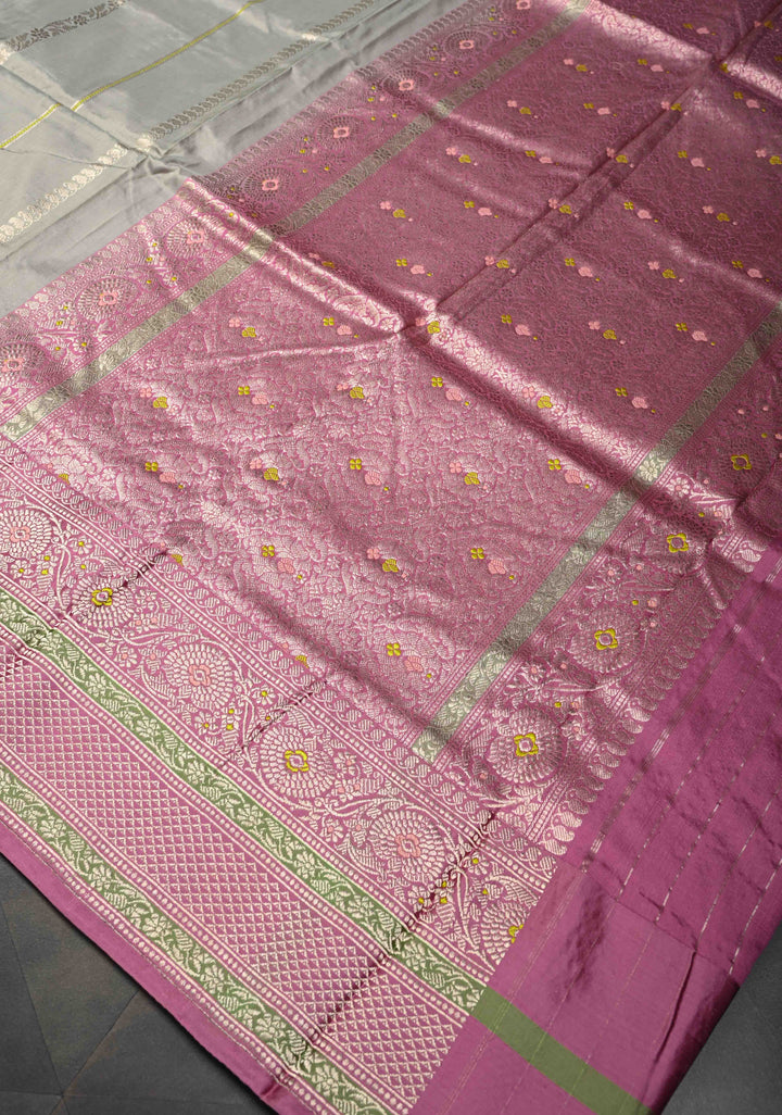 Gray Olive Banarasi Pure Katan Silk Saree with Zari vertical stripes and Meenakari Contrast border, Pallu  | SILK MARK CERTIFIED