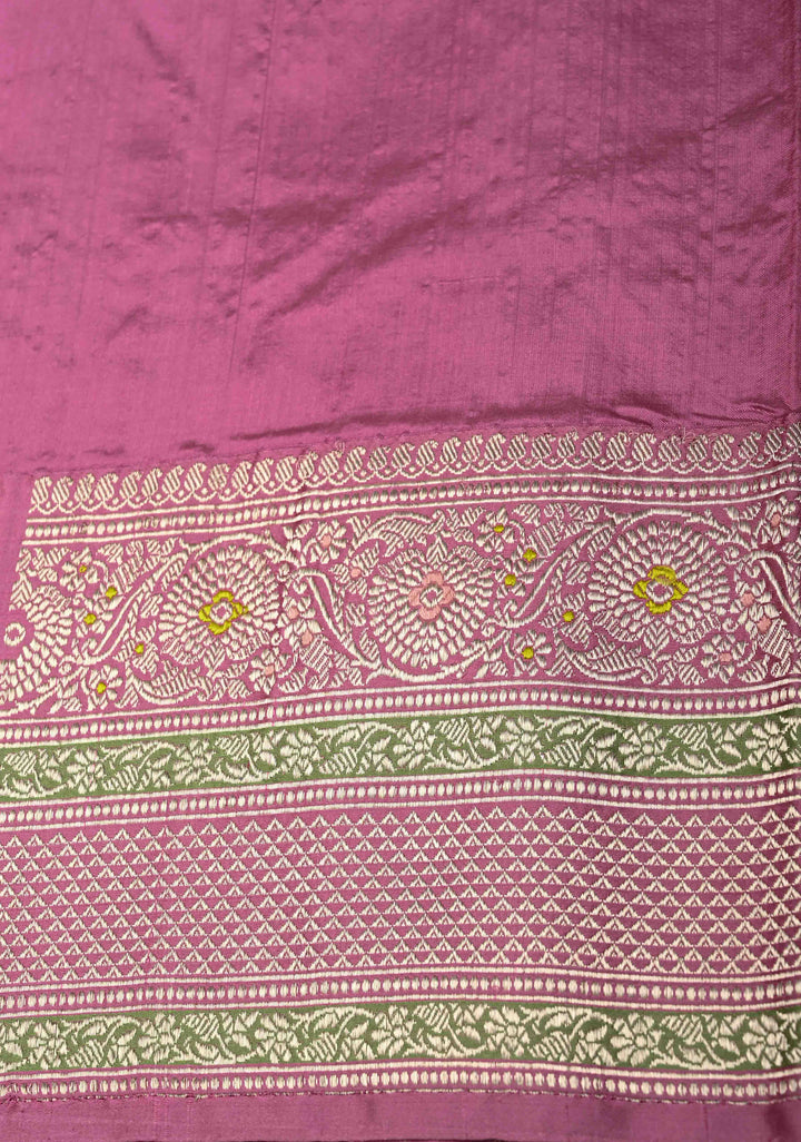 Gray Olive Banarasi Pure Katan Silk Saree with Zari vertical stripes and Meenakari Contrast border, Pallu  | SILK MARK CERTIFIED