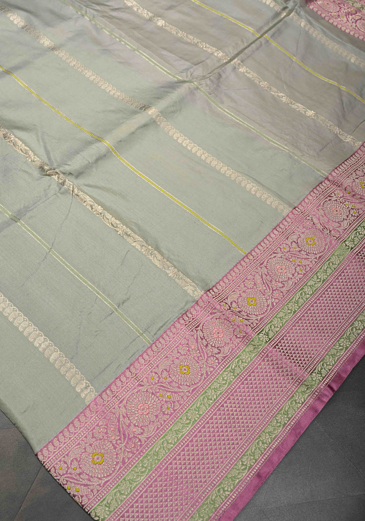 Gray Olive Banarasi Pure Katan Silk Saree with Zari vertical stripes and Meenakari Contrast border, Pallu  | SILK MARK CERTIFIED