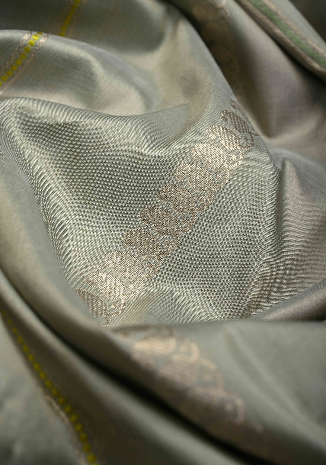 Gray Olive Banarasi Pure Katan Silk Saree with Zari vertical stripes and Meenakari Contrast border, Pallu  | SILK MARK CERTIFIED