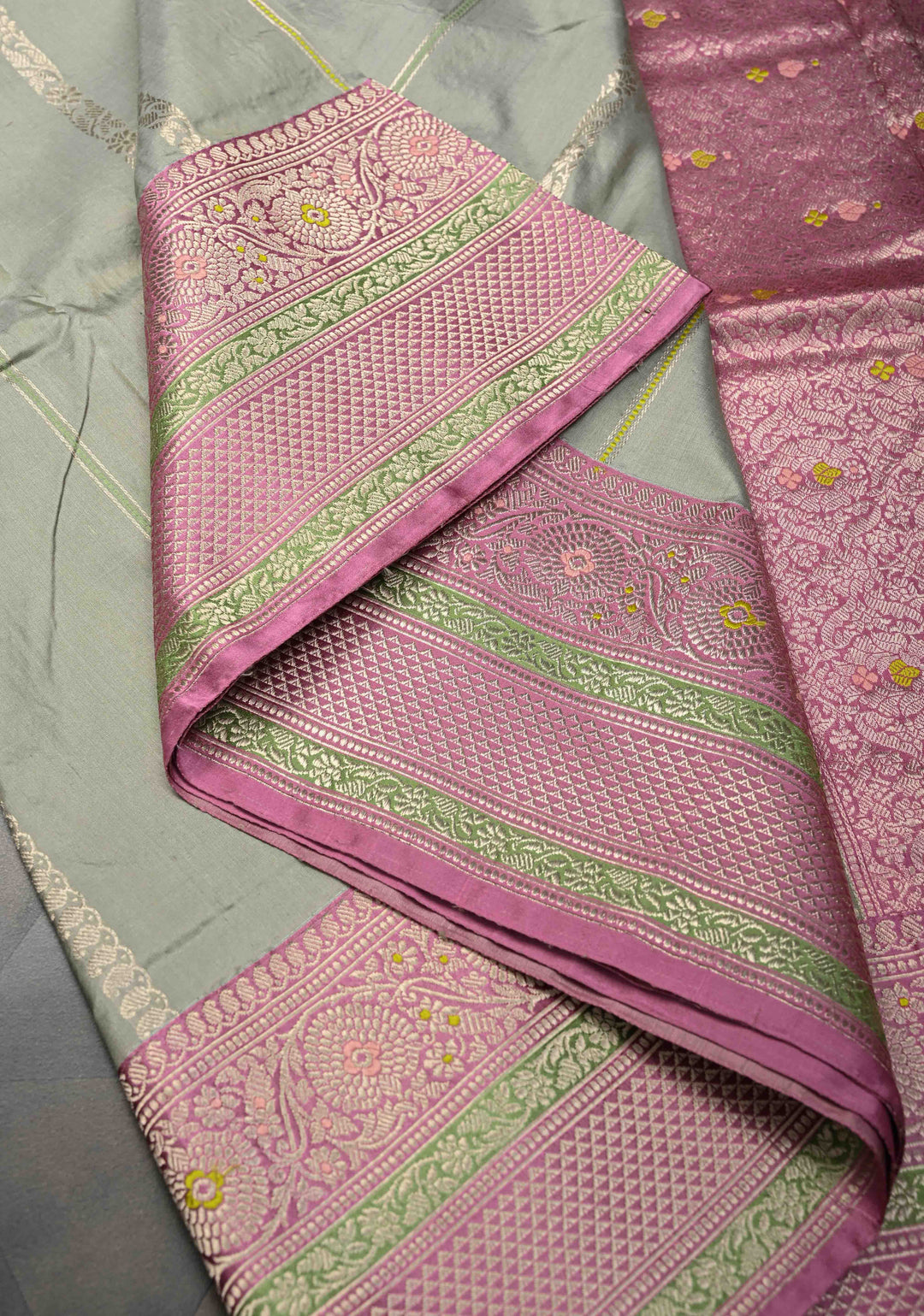 Gray Olive Banarasi Pure Katan Silk Saree with Zari vertical stripes and Meenakari Contrast border, Pallu  | SILK MARK CERTIFIED
