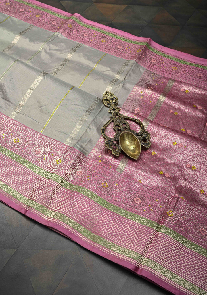 Gray Olive Banarasi Pure Katan Silk Saree with Zari vertical stripes and Meenakari Contrast border, Pallu  | SILK MARK CERTIFIED